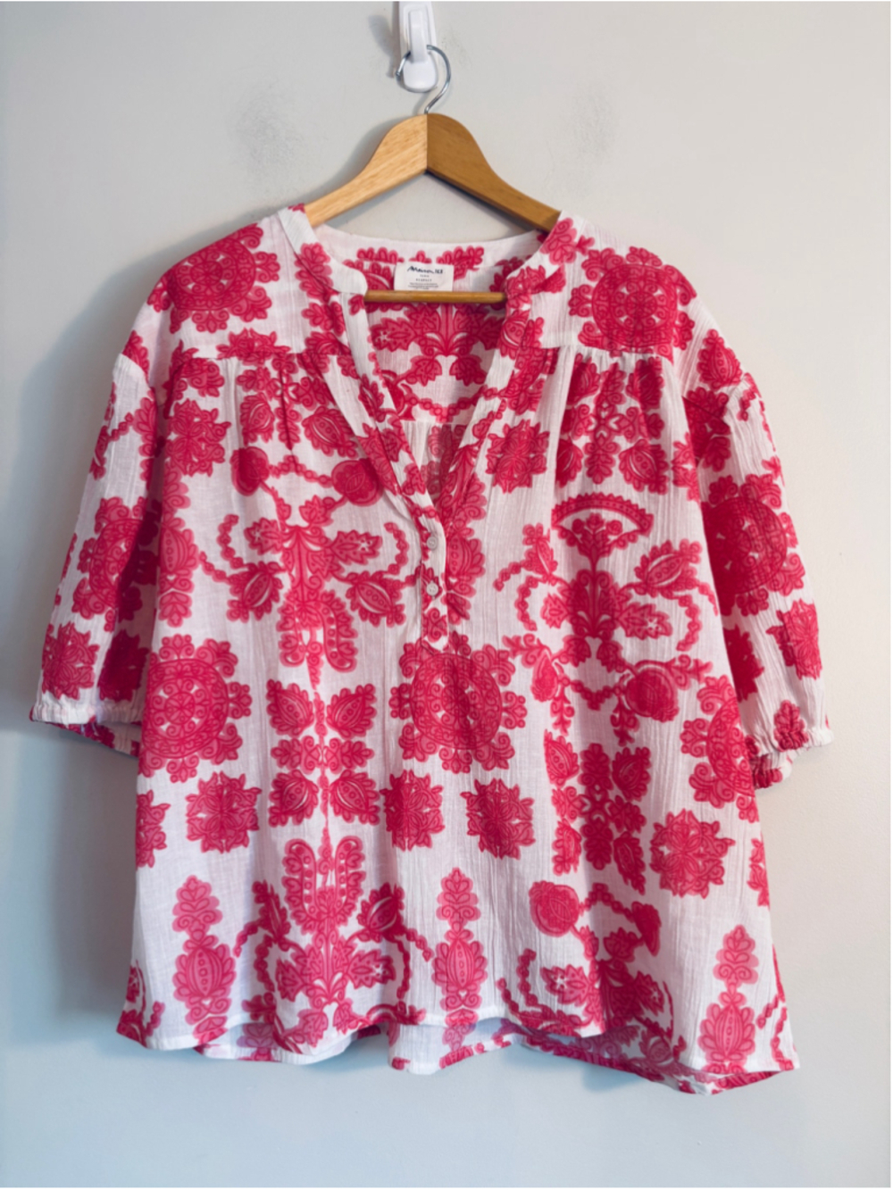 Maison 123 White & Pink Floral Linen Blend V Neck Blouse Womens Size Large